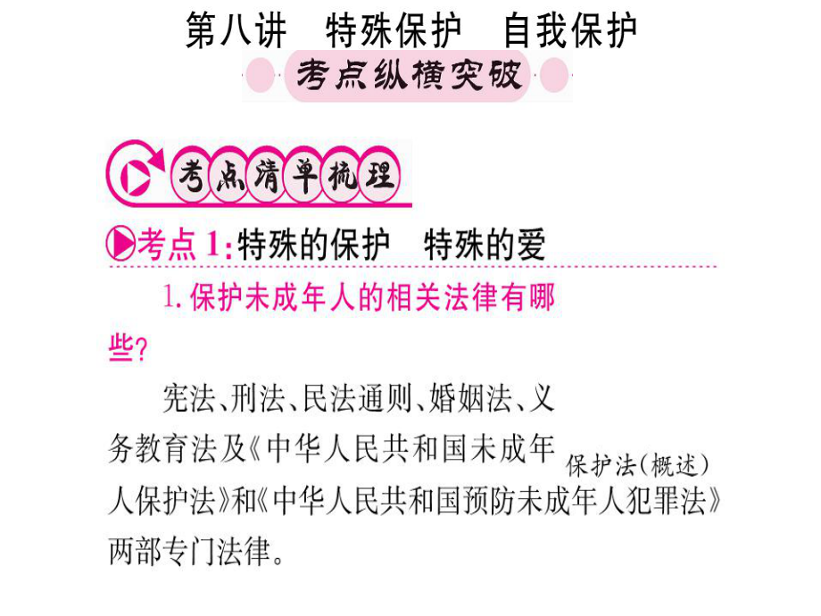 中考政治 第一篇 第二部分 法律 第八講 特殊保護 自我保護復習課件_第1頁