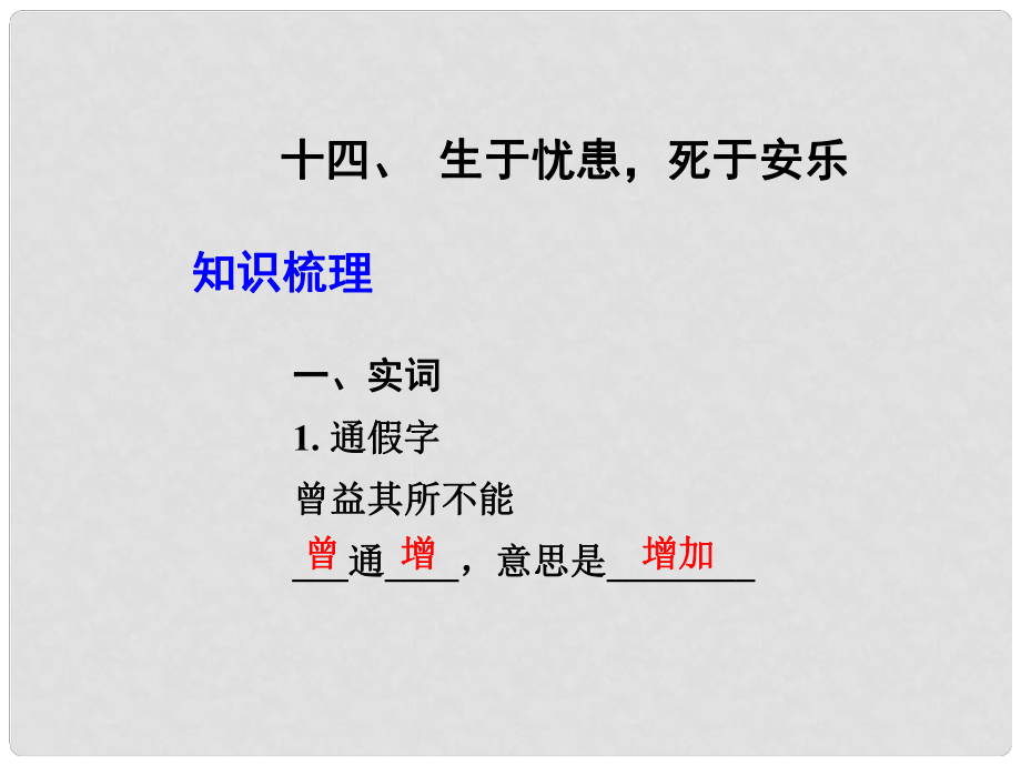 中考語文專題復(fù)習(xí) 八上 十四 生于憂患死于安樂課件_第1頁