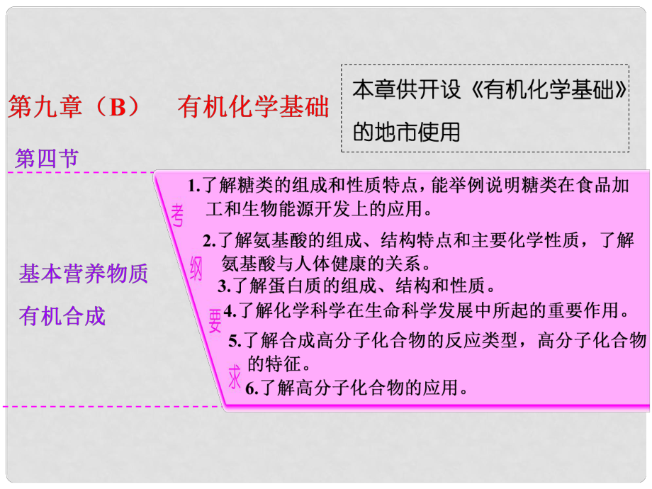 江西省橫峰中學(xué)高考化學(xué)一輪復(fù)習(xí) 模塊三 第九章（B）第四節(jié) 基本營養(yǎng)物質(zhì)有機(jī)合成課件_第1頁