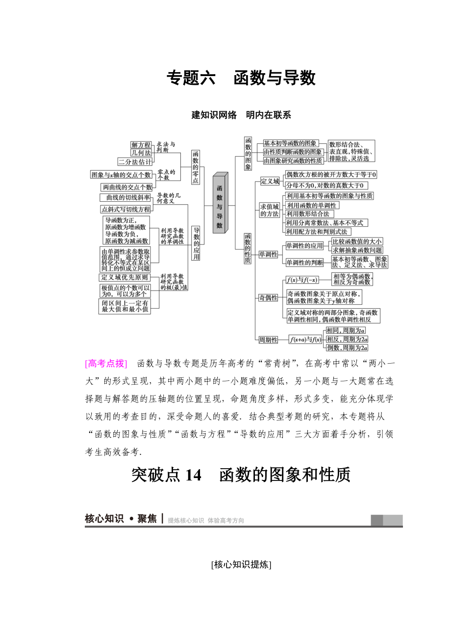 高考数学 文二轮复习教师用书：第1部分 重点强化专题 专题6 突破点14　函数的图象和性质 Word版含答案_第1页