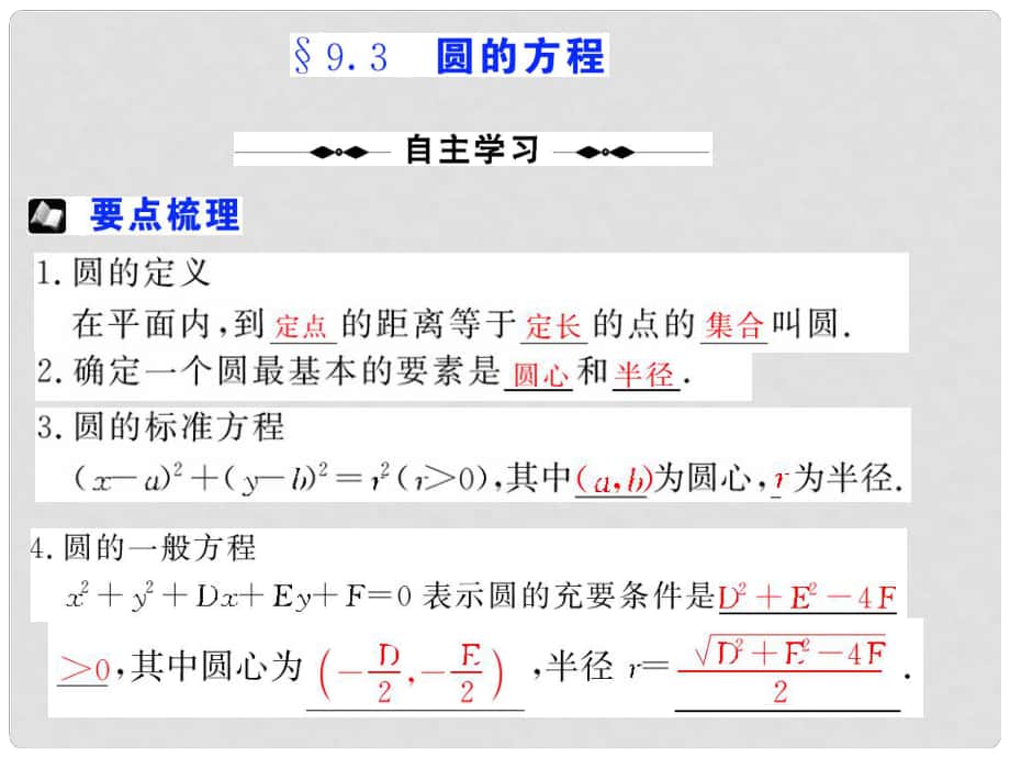 （步步高）（新人教）高考数学第一轮复习精品课件：§9.3圆的方程_第1页