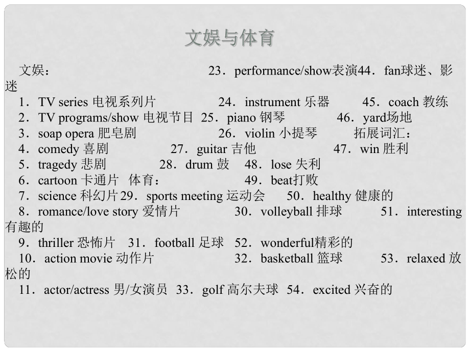 中考英语必备复习 文娱与体育课件_第1页