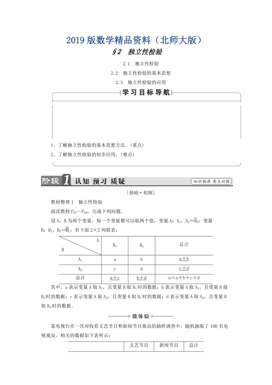 高中數(shù)學(xué)北師大版選修2－3同步導(dǎo)學(xué)案：3.2.1 獨(dú)立性檢驗(yàn) 2.2 獨(dú)立性檢驗(yàn)的基本思想 2.3 獨(dú)立性檢驗(yàn)的應(yīng)用_第1頁(yè)