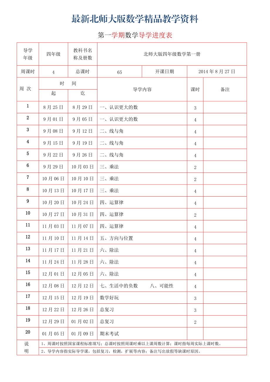 最新北师大版教材四年级数学上册：全册导学案94页_第1页