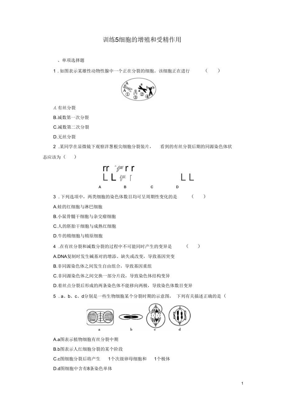 【金牌學(xué)案】高考生物二輪專題復(fù)習(xí)第一部分訓(xùn)練5細(xì)胞的增殖和受精作用新人教版_第1頁