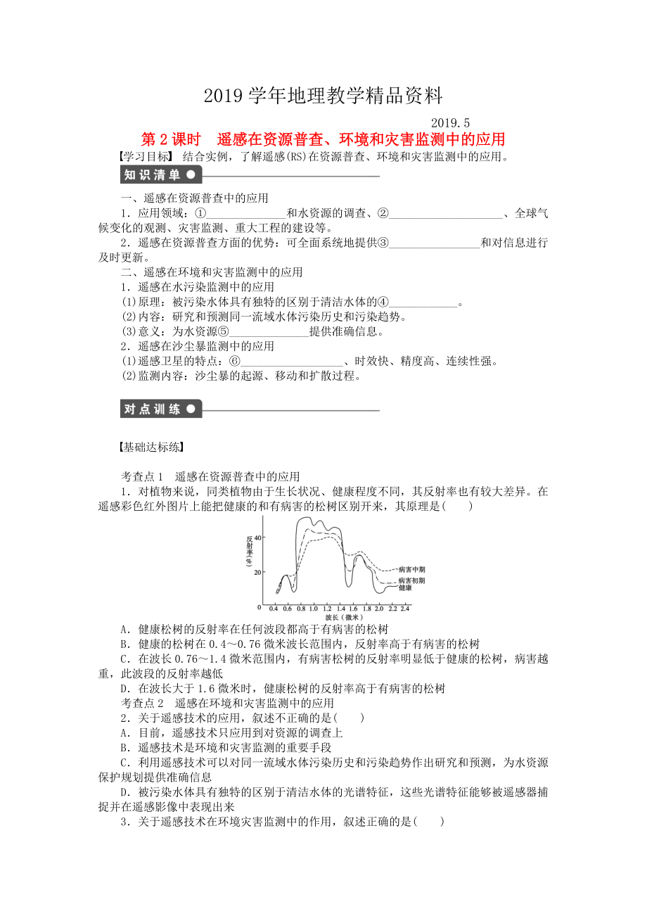 高中地理 第三章 第二節(jié) 第2課時(shí) 遙感在資源普查、環(huán)境和災(zāi)害監(jiān)測(cè)中的應(yīng)用課時(shí)作業(yè) 中圖版必修3_第1頁(yè)