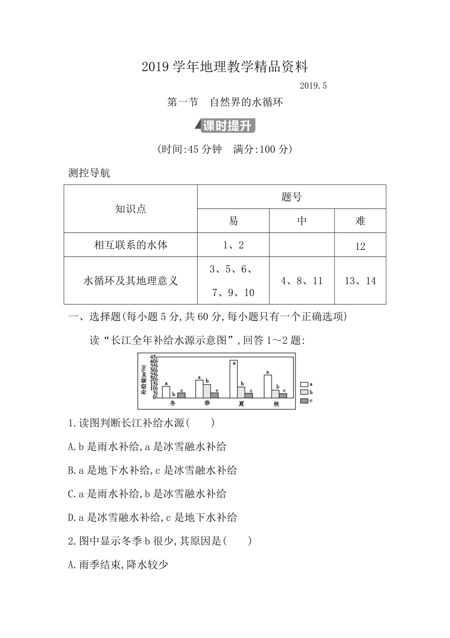 高中地理必修1魯教版山東專(zhuān)用試題：第三章 第一節(jié)　自然界的水循環(huán) Word版含答案_第1頁(yè)