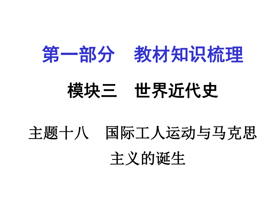 河南中考?xì)v史 第一部分 教材知識(shí)梳理 模塊三 世界近代史 主題十八 國(guó)際工人運(yùn)動(dòng)與馬克思主義的誕生課件 新人教版_第1頁(yè)