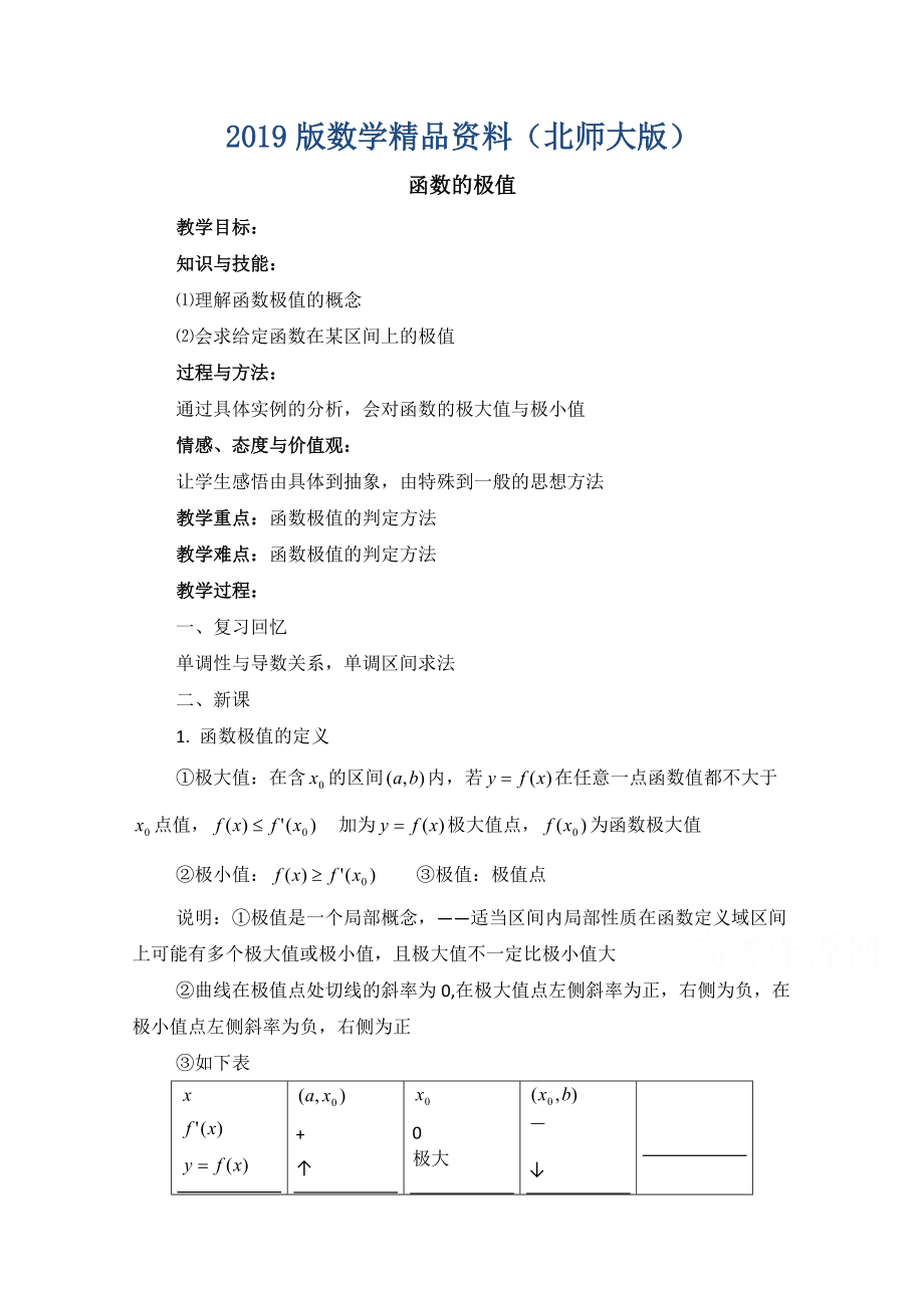 高中数学北师大版选修22教案：第3章 函数的极值 参考教案2_第1页