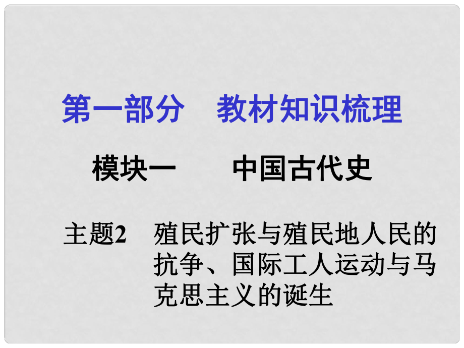 安徽中考?xì)v史 第一部分 教材知識梳理模塊五 世界近代史 主題2 殖民擴(kuò)張與殖民地人民的抗?fàn)帯H工人運動與課件_第1頁