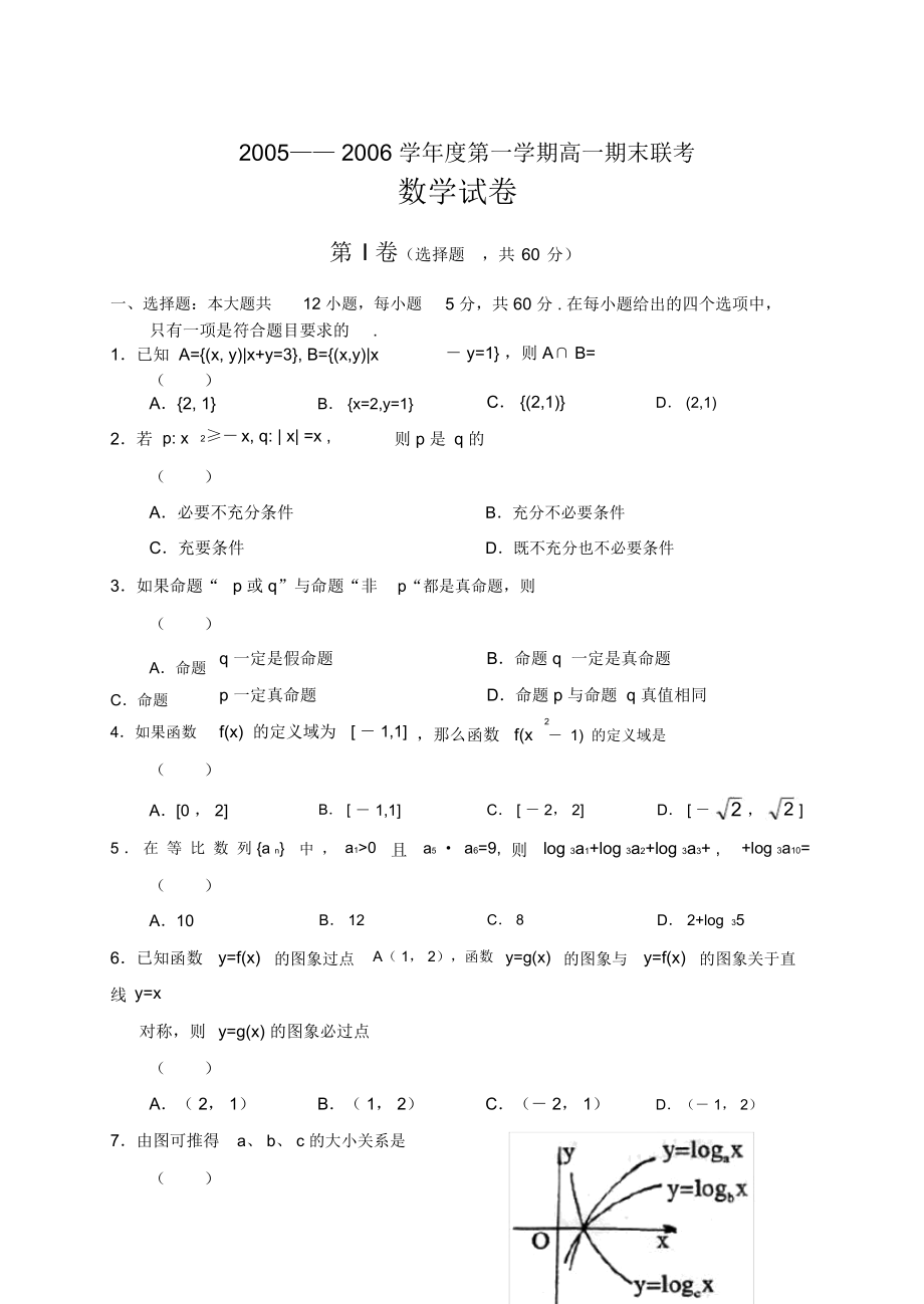 高一下学期数学期末考试卷_第1页