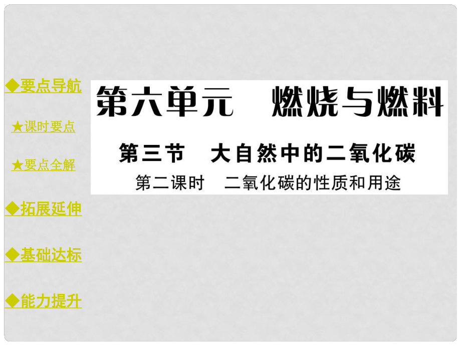 九年級化學(xué)上冊 第6單元 燃燒與燃料 第3節(jié) 大自然中的二氧化碳 第2課時 二氧化碳的性質(zhì)和用途教學(xué)課件 （新版）魯教版_第1頁