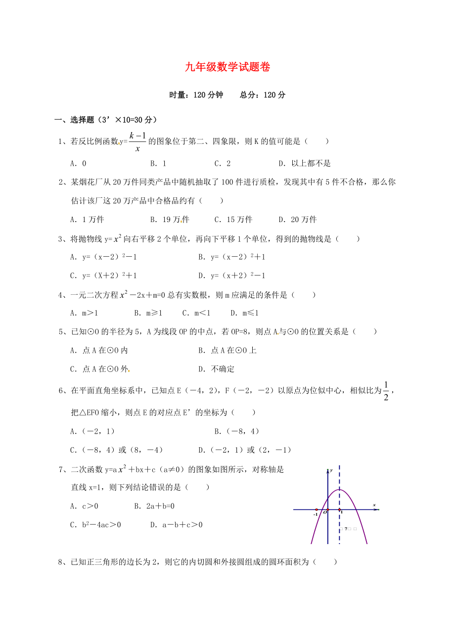 湖南省邵阳市九年级数学上学期期末考试试题无答案_第1页