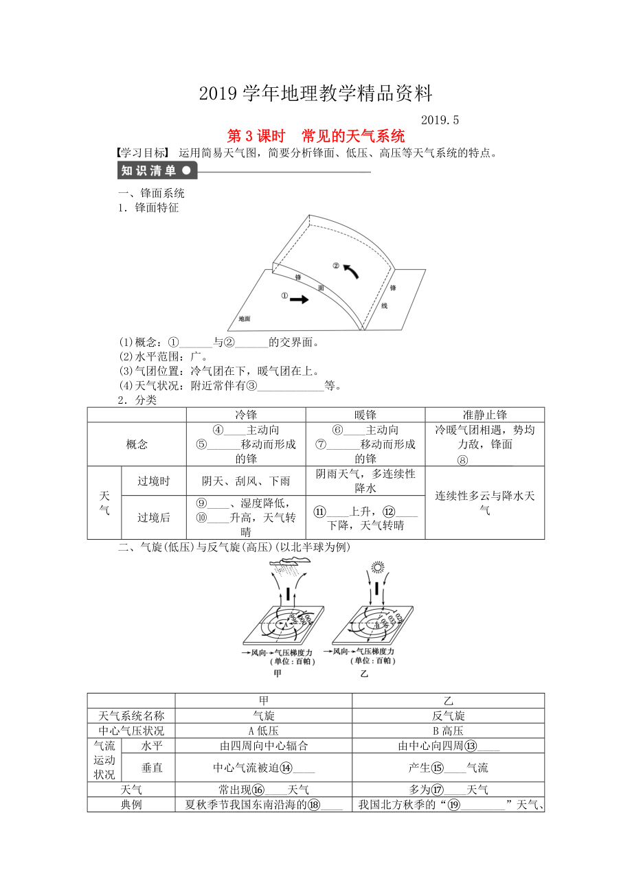 高中地理 第二單元 第2節(jié) 第3課時 常見的天氣系統(tǒng)課時作業(yè) 魯教版必修1_第1頁