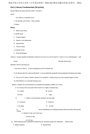 國(guó)家開(kāi)放大學(xué)電大本科《文學(xué)英語(yǔ)賞析》2020-2021期末試題及答案(試卷號(hào)：1062)