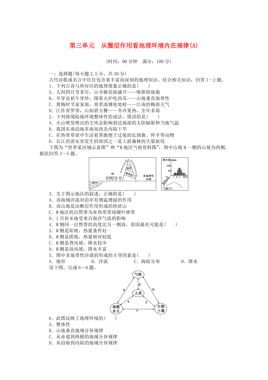 【新步步高】高中地理 第三單元 從圈層作用看地理環(huán)境內(nèi)在規(guī)律單元檢測A卷魯教版必修1_第1頁