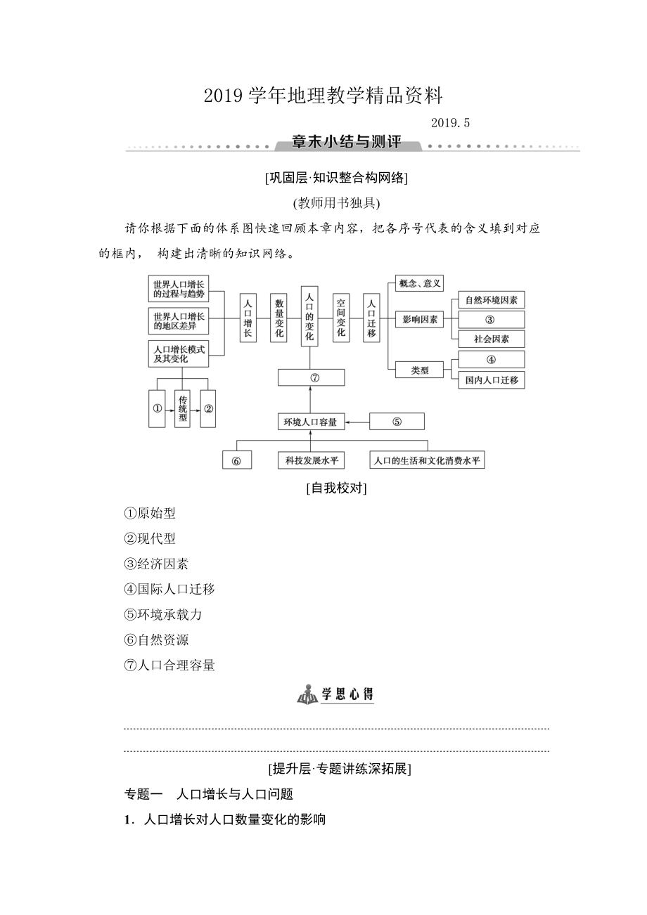 高中地理人教版必修二學(xué)案：第1章 章末小結(jié)與測評 Word版含答案_第1頁