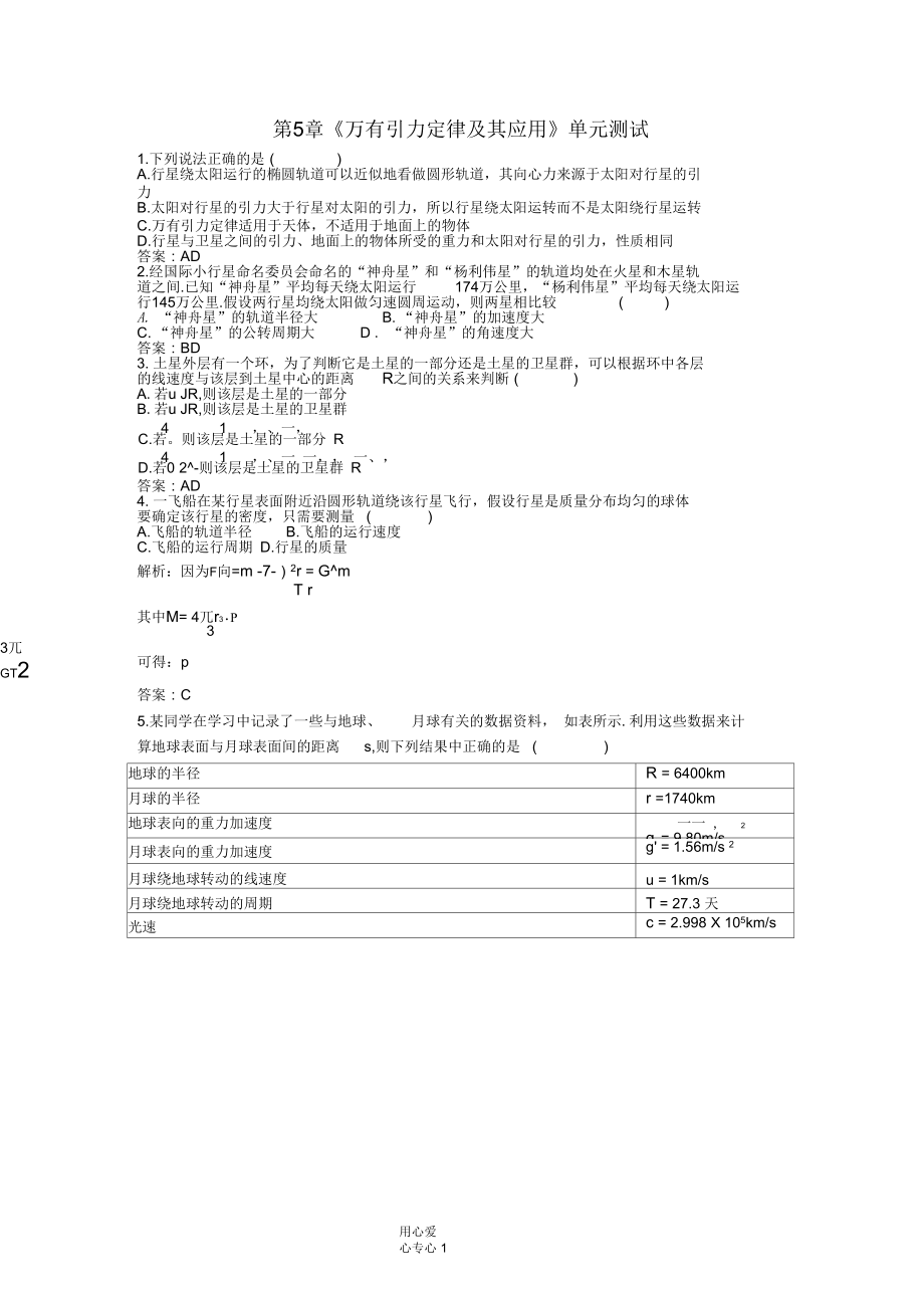 高中物理第5章万有引力定律及其应用41单元测试鲁科版必修2_第1页