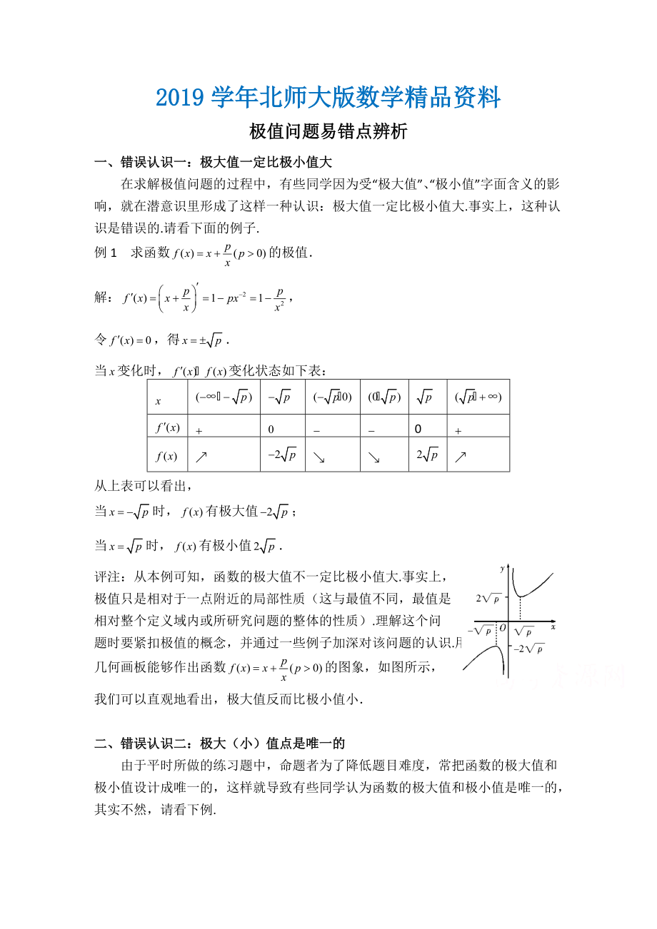 高中數(shù)學(xué)北師大版選修22教案：第3章 拓展資料：極值問題易錯(cuò)點(diǎn)辨析_第1頁