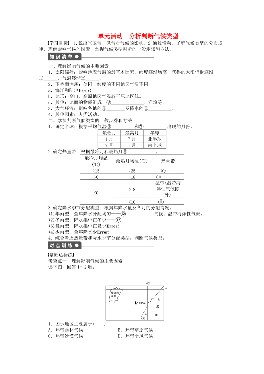 【新步步高】高中地理 第二單元 從地球圈層看地理環(huán)境 單元活動(dòng) 分析判斷氣候類型課時(shí)作業(yè) 魯教版必修1_第1頁(yè)