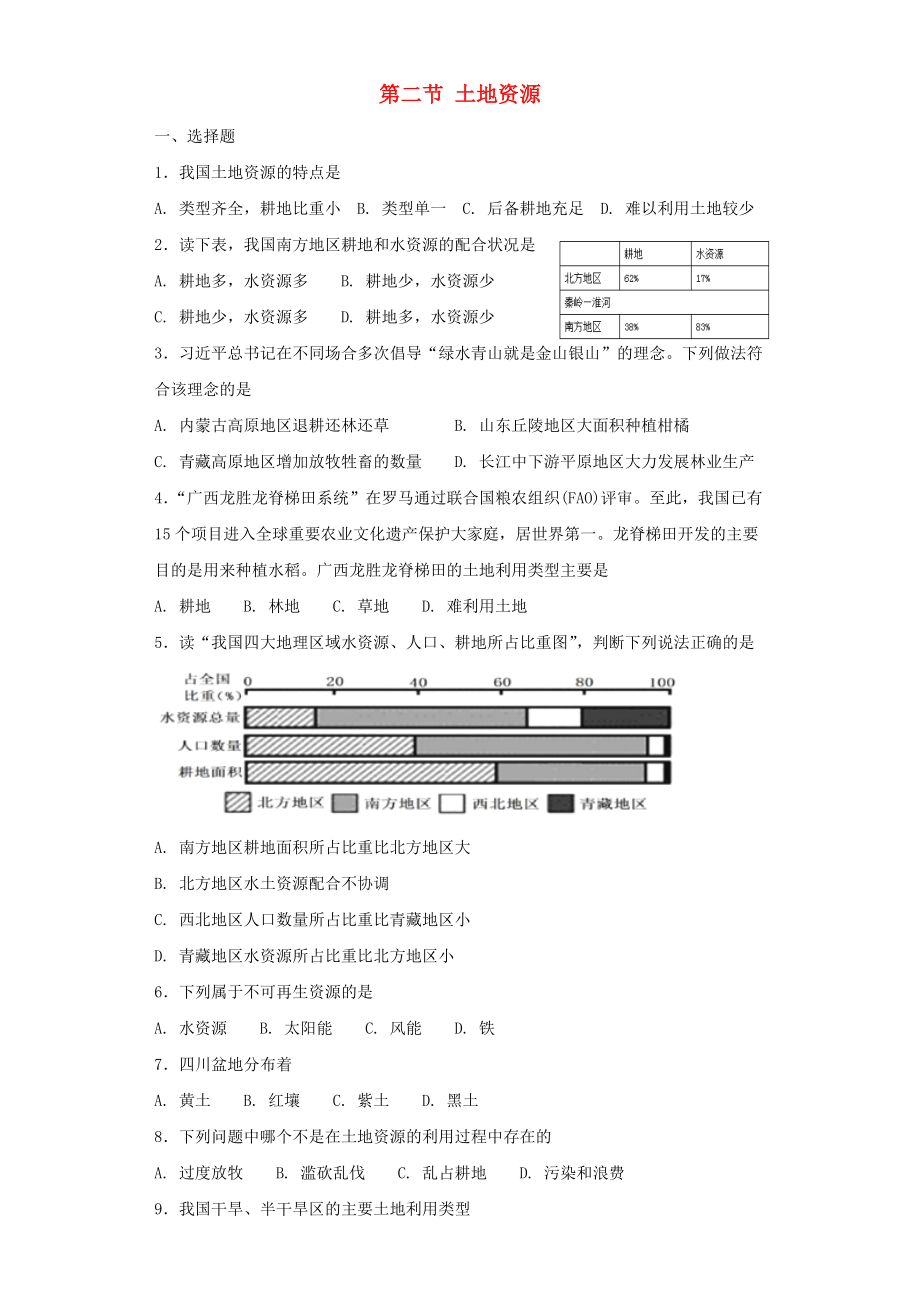 八年级地理上册第三章第二节土地资源同步测试新版新人教版080337(数理化网)_第1页