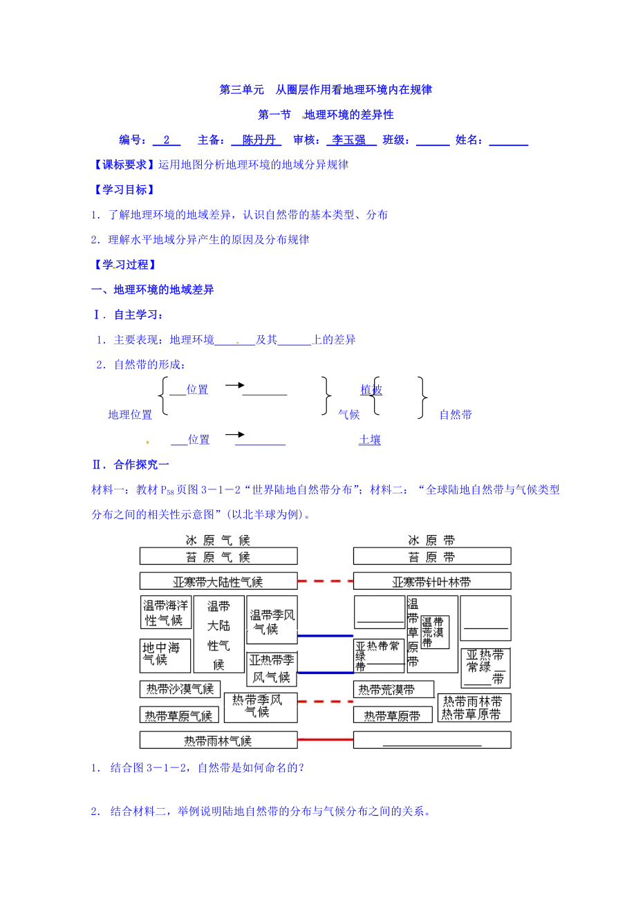 江蘇省贛榆縣海頭高級中學高中地理必修一學案：第三章 地理環(huán)境的差異性 Word版缺答案_第1頁