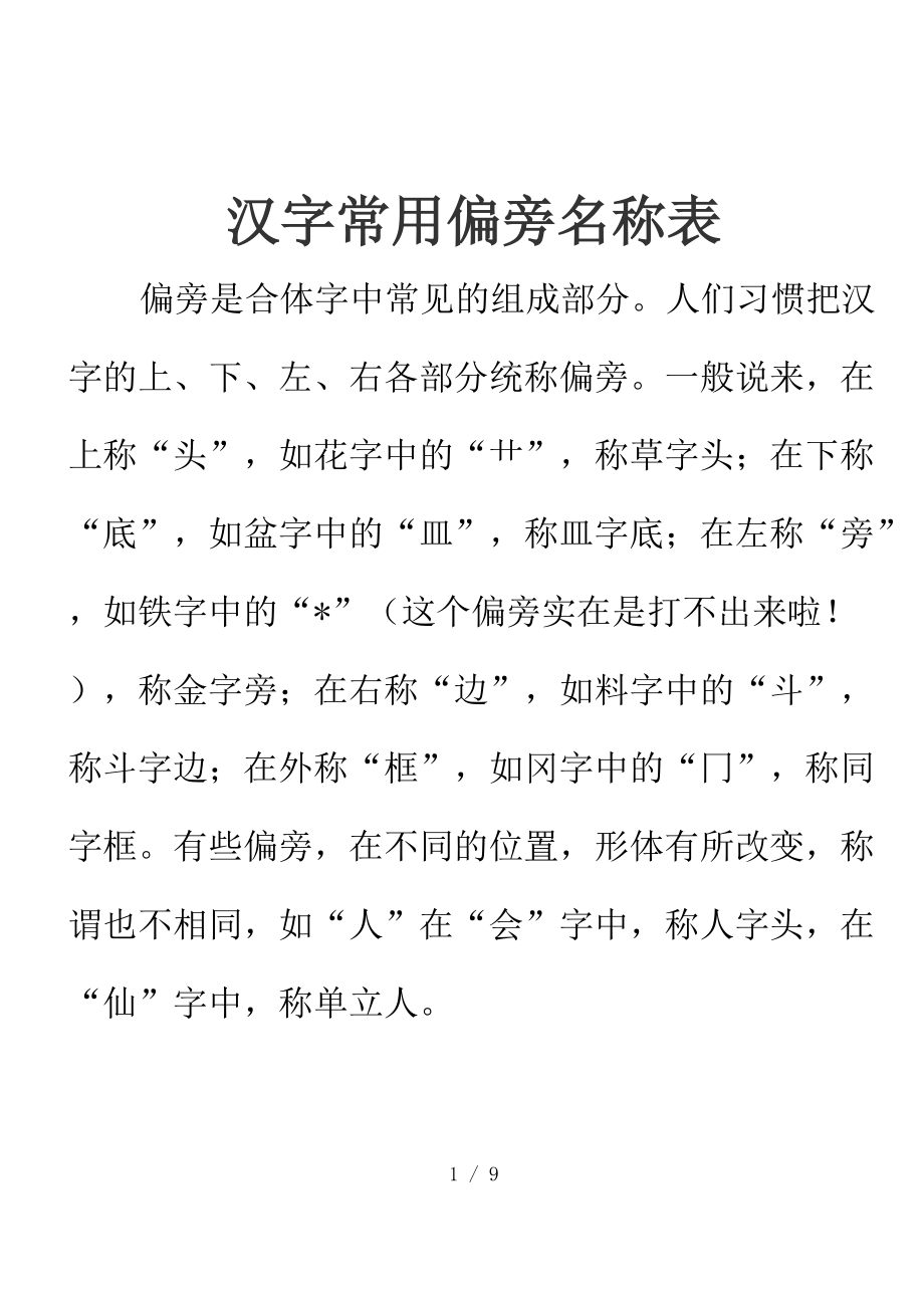 汉字常用偏旁名称表--148个_第1页