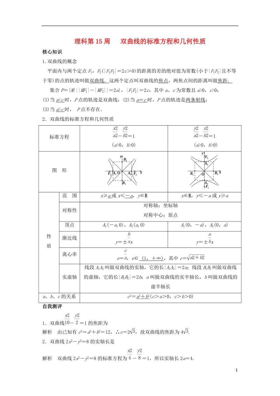 高一數(shù)學(xué)上學(xué)期周清 第15周 雙曲線的標(biāo)準(zhǔn)方程和幾何性質(zhì) 理_第1頁