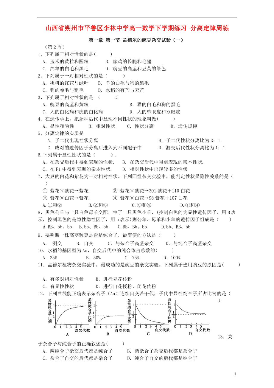 高一數(shù)學(xué)下學(xué)期練習(xí) 分離定律周練_第1頁