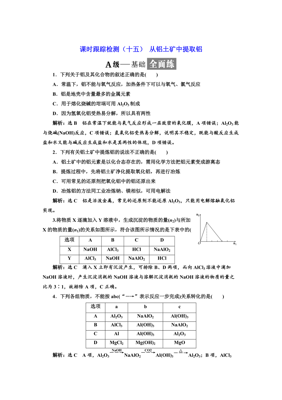 高中蘇教版化學(xué)必修1課時(shí)跟蹤檢測(cè)：十五 從鋁土礦中提取鋁 Word版含解析_第1頁