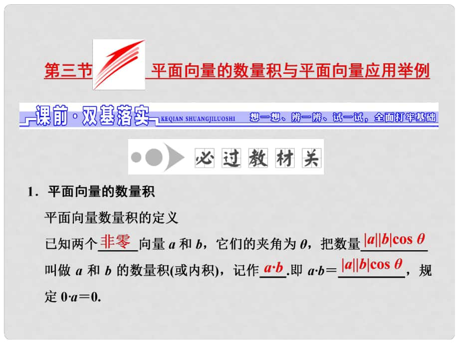 高考數(shù)學(xué)一輪總復(fù)習(xí) 第4章 平面向量、數(shù)系的擴(kuò)充與復(fù)數(shù)的引入 第三節(jié) 平面向量的數(shù)量積與平面向量應(yīng)用舉例課件 文 新人教A版_第1頁(yè)