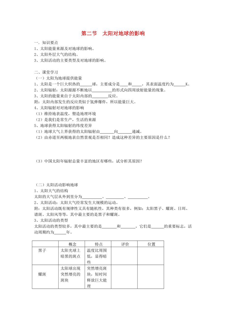 省鶴崗一中高中地理 第一章 第二節(jié) 太陽對地球的影響學(xué)案 湘教版必修1_第1頁