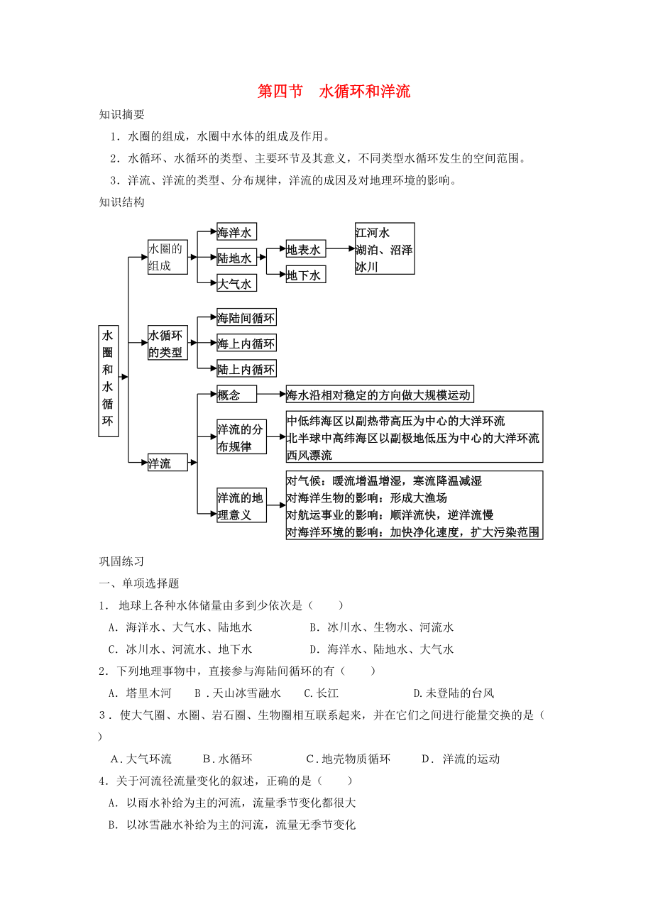 省鶴崗一中高中地理 第二章 第四節(jié) 水循環(huán)和洋流學(xué)案 湘教版必修1_第1頁