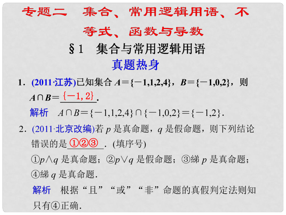 高考數(shù)學考前專題復習篇 專題二 集合、常用邏輯用語、不等式、函數(shù)與導數(shù) 集合與常用邏輯用語21 課件_第1頁