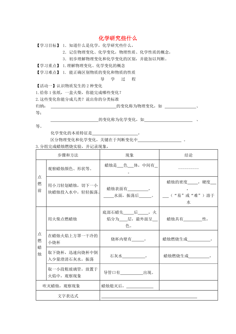 江蘇省銅山區(qū)清華中學(xué)九年級(jí)化學(xué)全冊(cè) 1.2 化學(xué)研究些什么學(xué)案1滬教版_第1頁(yè)