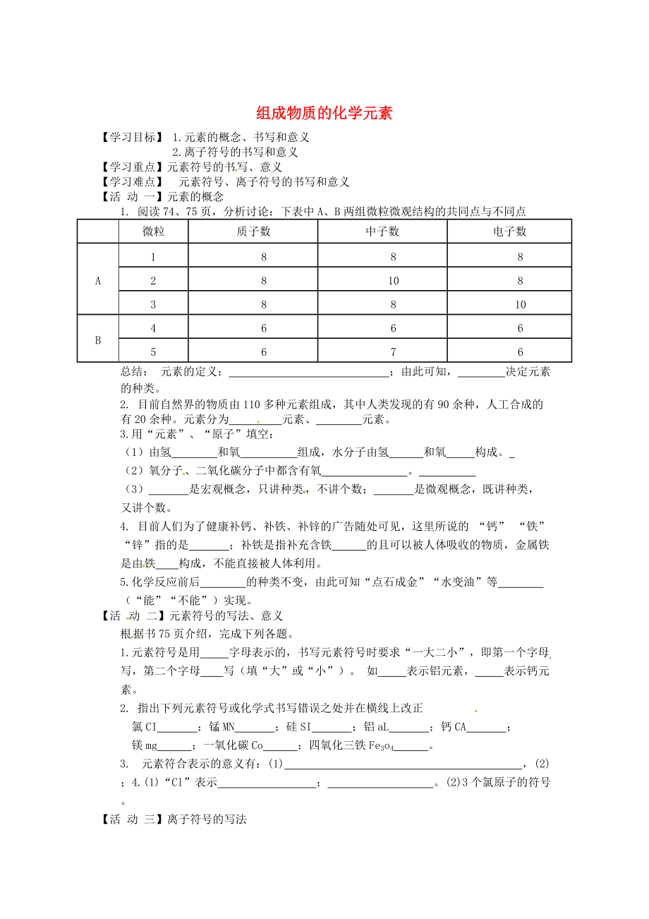 江蘇省銅山區(qū)清華中學(xué)九年級(jí)化學(xué)全冊(cè) 3.2 組成物質(zhì)的化學(xué)元素學(xué)案1滬教版_第1頁