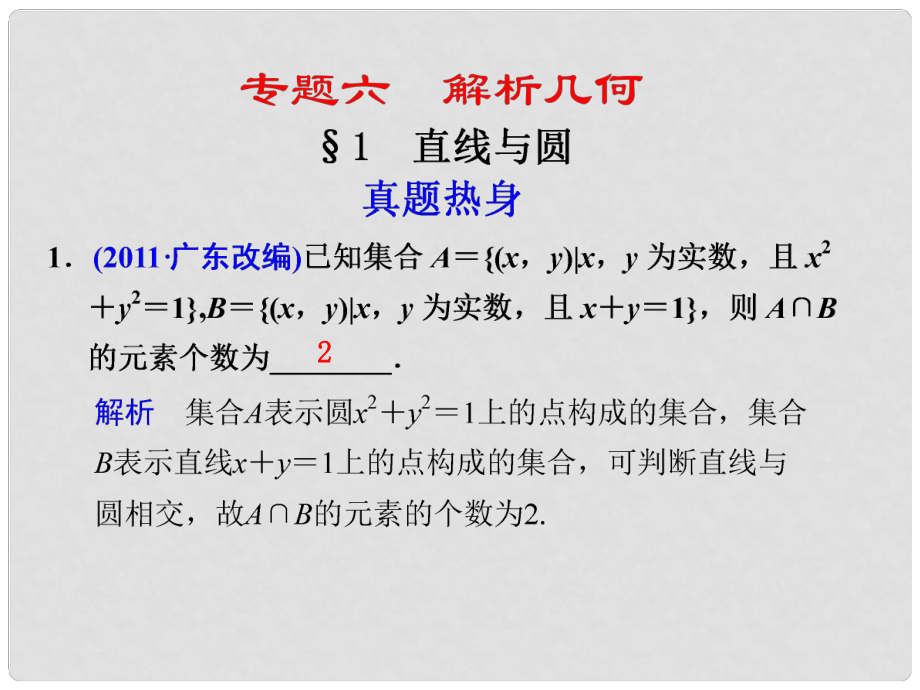 高考數(shù)學考前專題復習篇 專題六 解析幾何 直線與園61 課件_第1頁