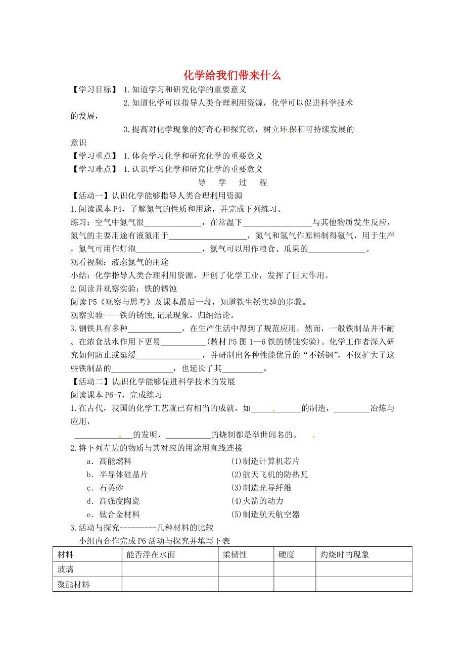 江苏省铜山区清华中学九年级化学全册 1.1 化学给我们带来什么学案2沪教版_第1页