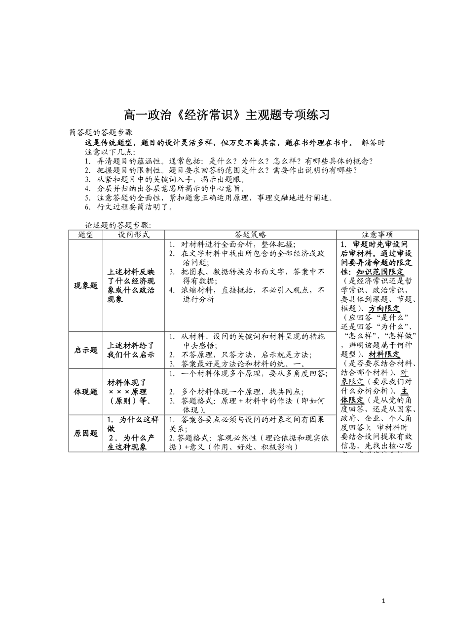 高一政治《經(jīng)濟(jì)常識》主觀題專項練習(xí)_第1頁