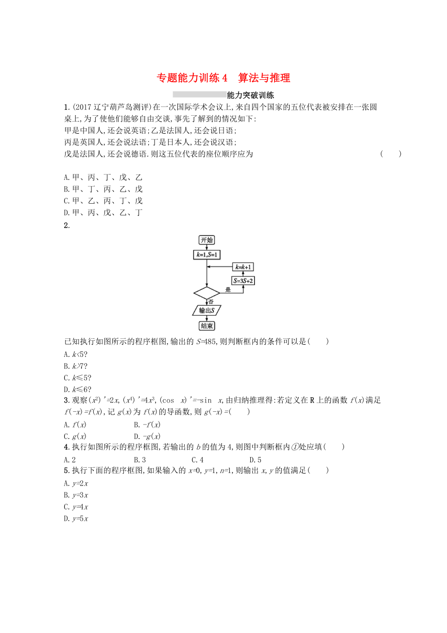 新課標(biāo)高考數(shù)學(xué)二輪復(fù)習(xí) 專題一集合邏輯用語不等式向量復(fù)數(shù)算法推理 專題能力訓(xùn)練4算法與推理理_第1頁