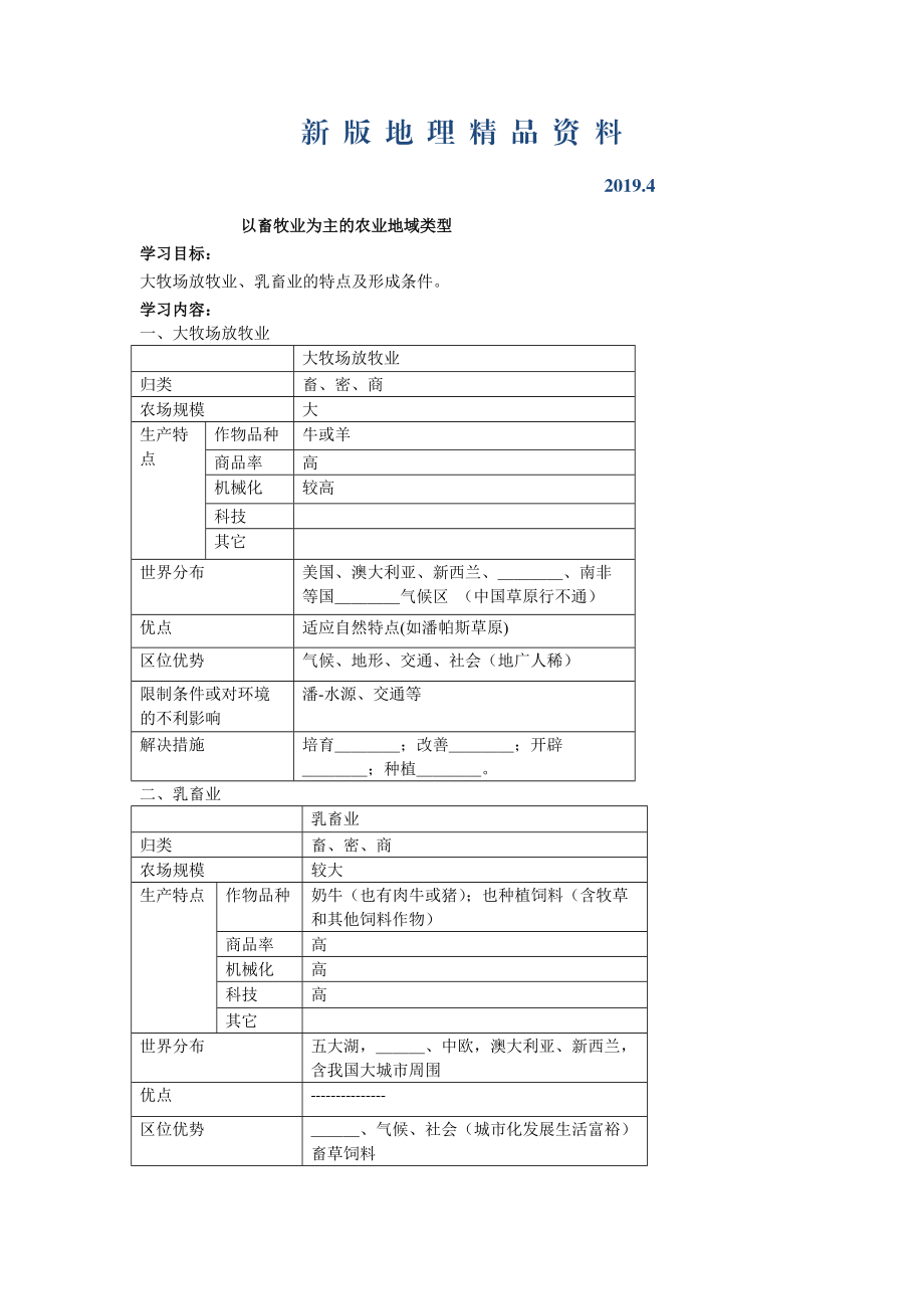 新版北京市第四中學(xué)高考地理人教版總復(fù)習(xí)專題學(xué)案 以畜牧業(yè)為主的農(nóng)業(yè)地域類型_第1頁