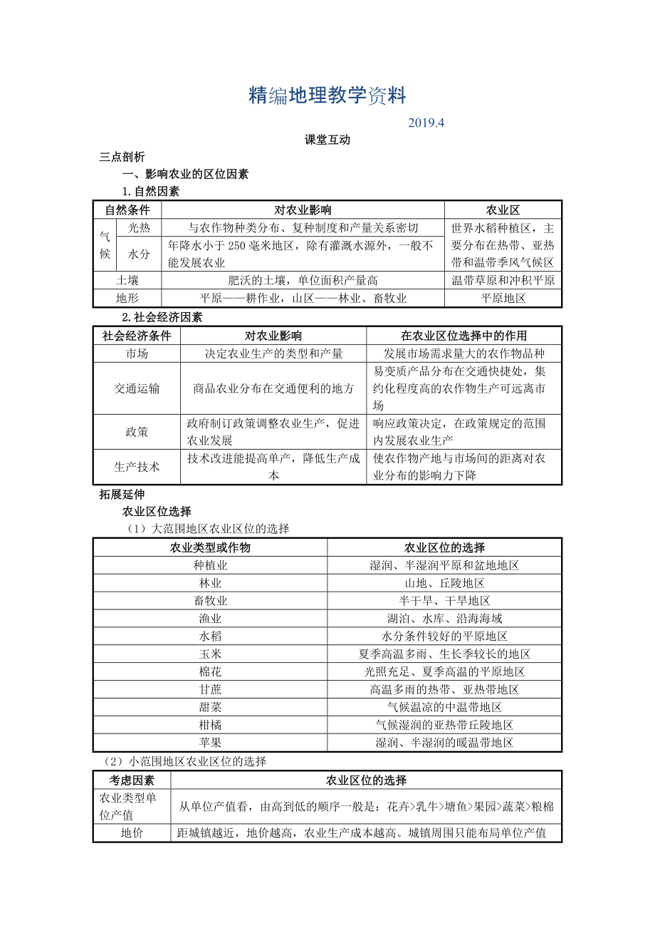 精編地理人教版必修2課堂探究學(xué)案 第三章第一節(jié) 農(nóng)業(yè)的區(qū)位選擇 Word版含解析_第1頁(yè)