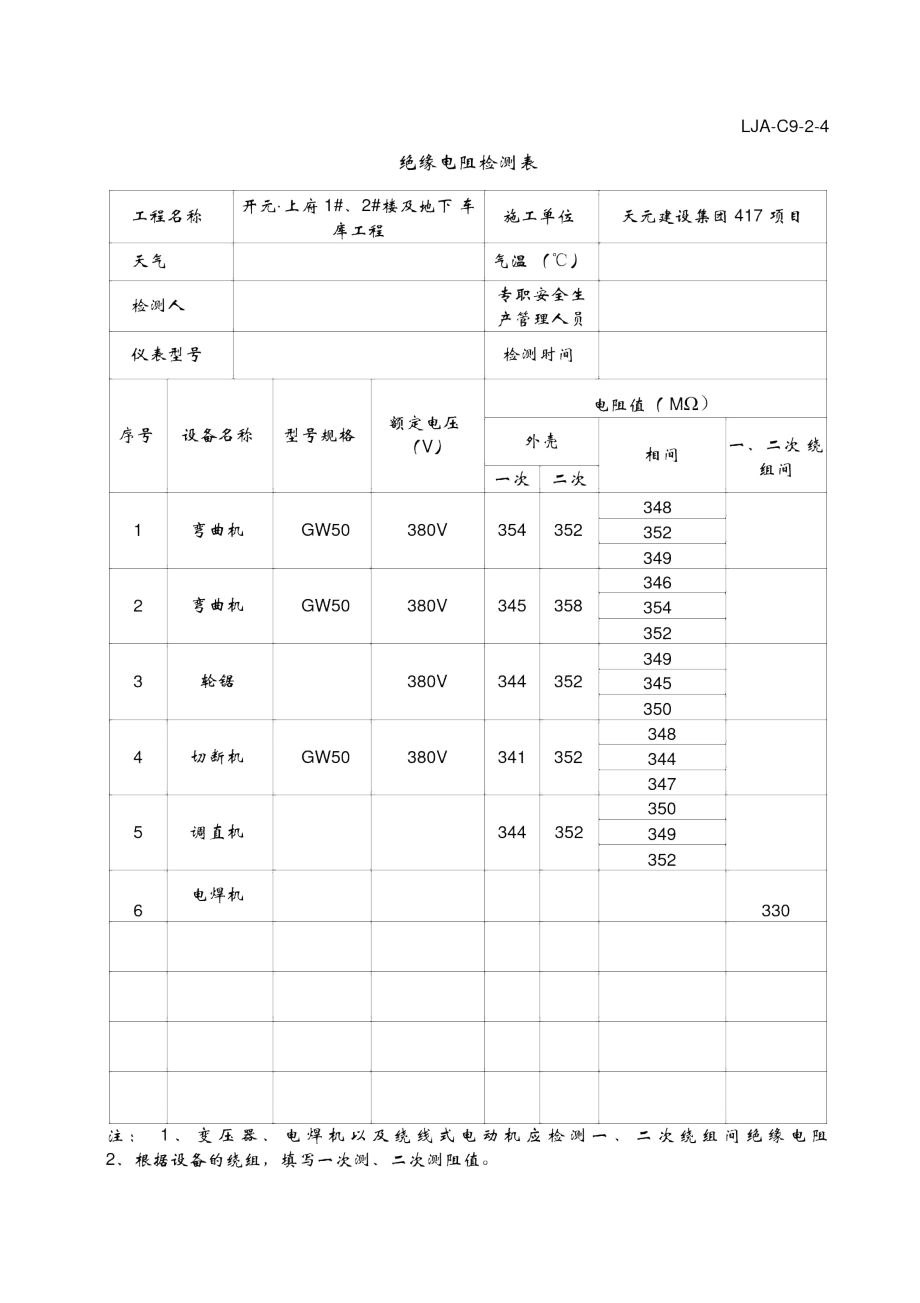 绝缘电阻检测表_第1页