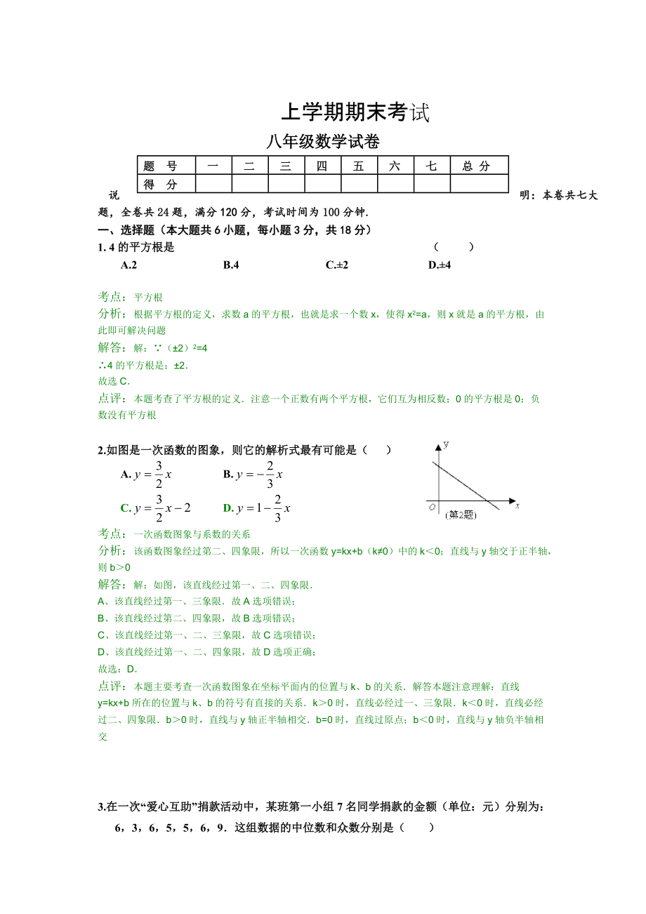 人教版 小學(xué)8年級(jí) 數(shù)學(xué)上冊 期末考試試卷及答案_第1頁