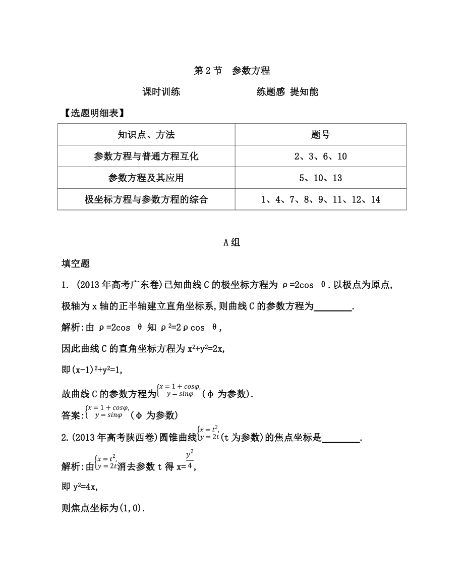 高考數(shù)學(xué)理一輪資料包 第十三章 第2節(jié)　參數(shù)方程_第1頁