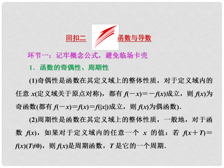 高考數(shù)學二輪復習 考前30天 策略（四）考前回歸主干基礎知識 回扣二 函數(shù)與導數(shù)課件 文_第1頁