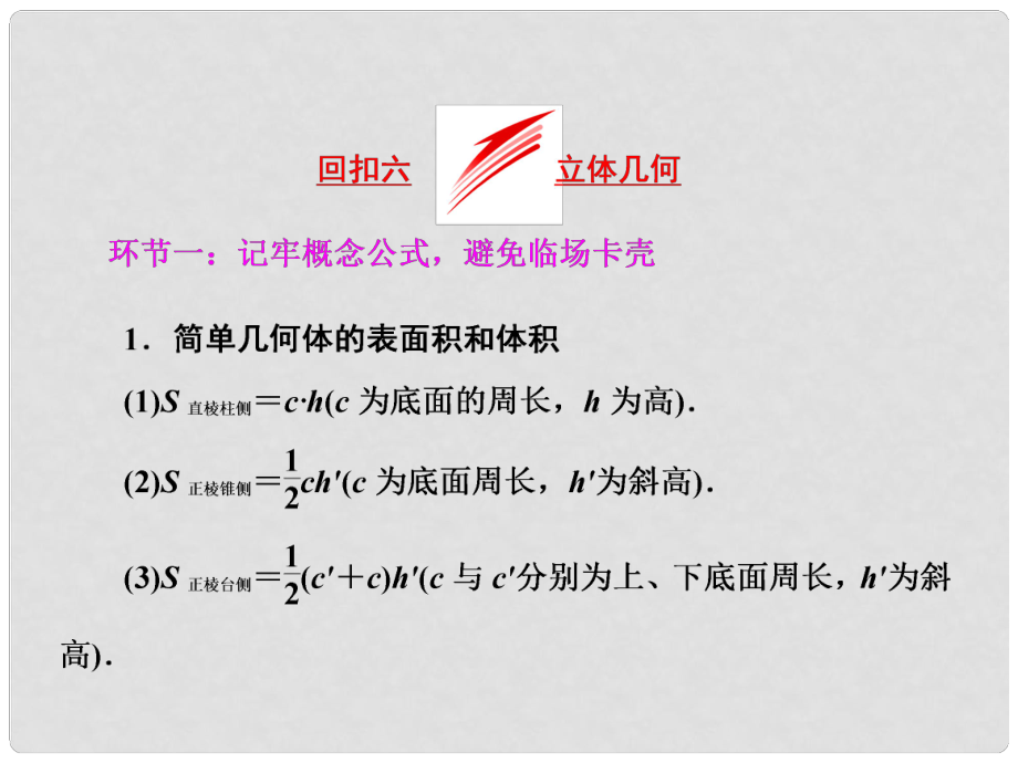 高考數(shù)學二輪復習 考前30天 策略（四）考前回歸主干基礎知識 回扣六 立體幾何課件 文_第1頁