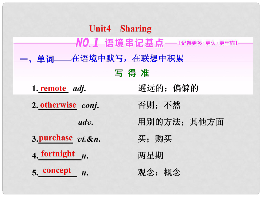 高三英語一輪復習 Unit 4 Sharing課件 新人教版選修7_第1頁