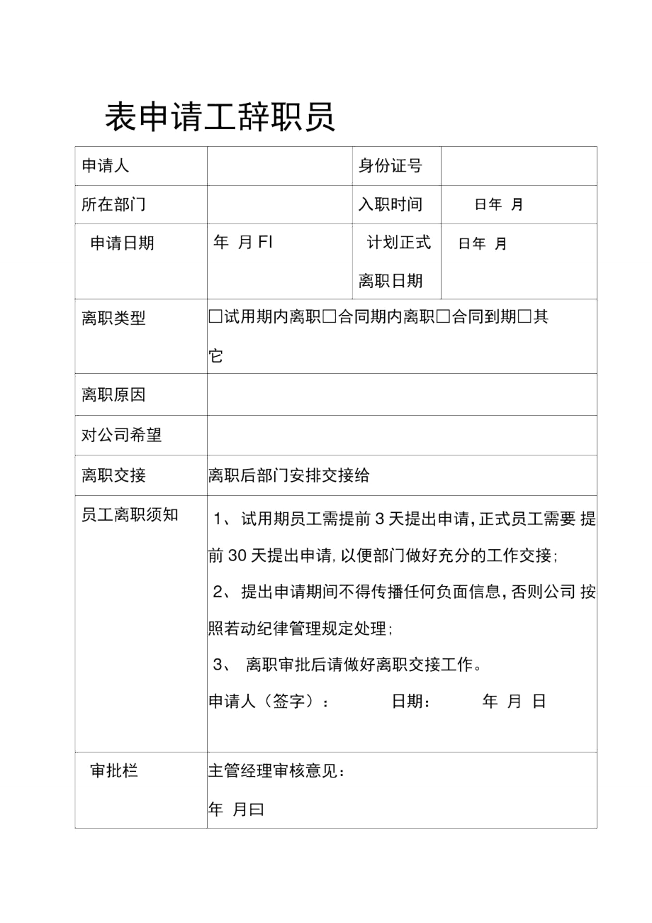 离职报告表格