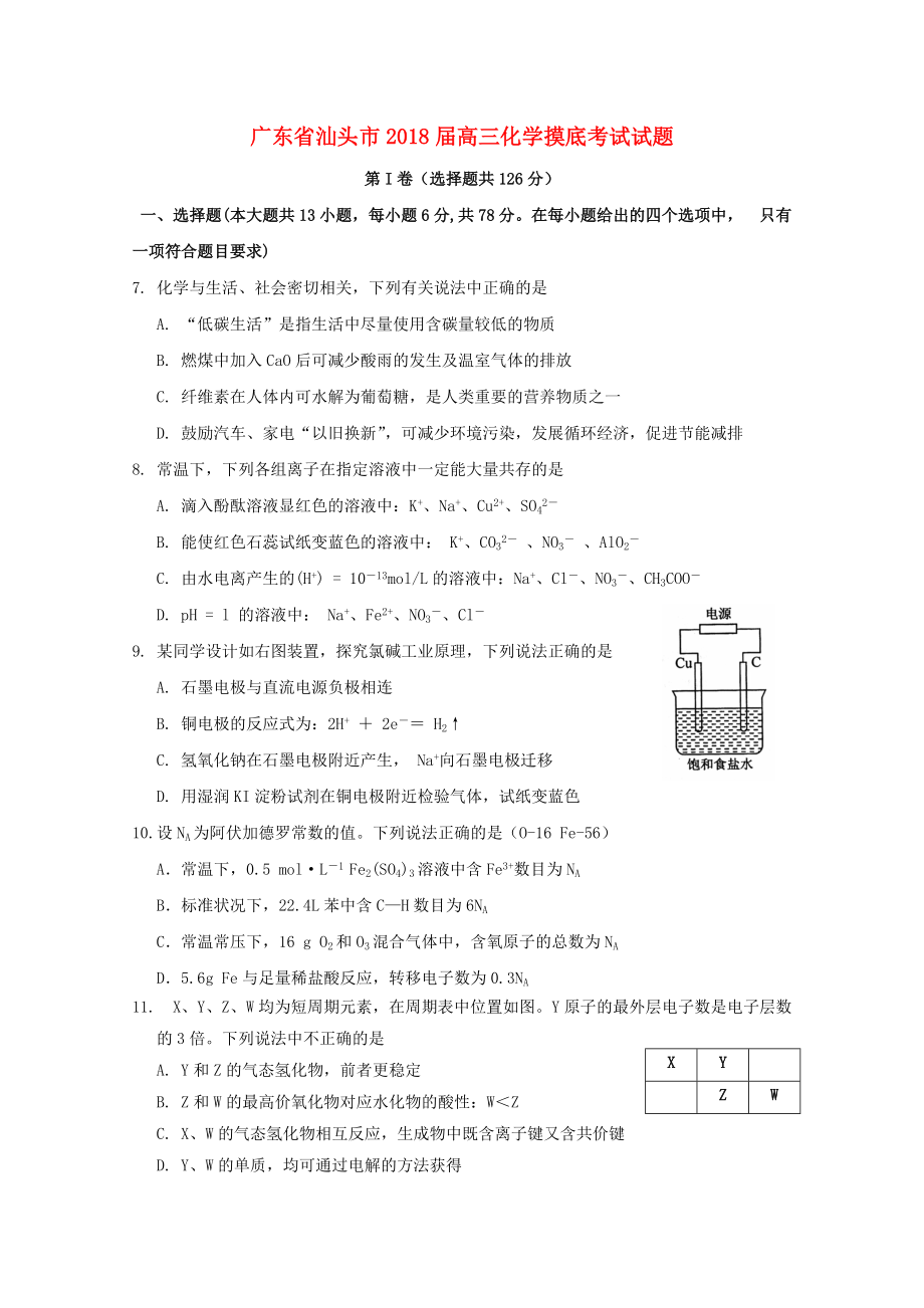 广东省汕头市高三化学摸底考试试题_第1页